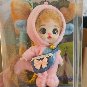 Pink Plush Doll with Blue Denim Crossbody Bag